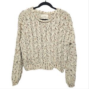 Chunky Cable Knit Sweater Neutral Colorful Pom Pom Cozy Chic Relaxed Fit Size M